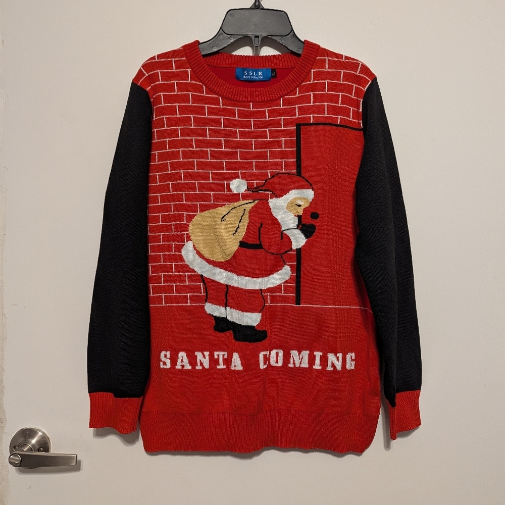 SSLR Boy's Collection Size Large Red Black Ugly Christmas Sweater Santa Coming-